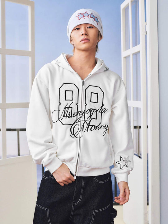 MEDM Lace Number Embroidered Star Print Zip Up Hoodie | Face 3 Face