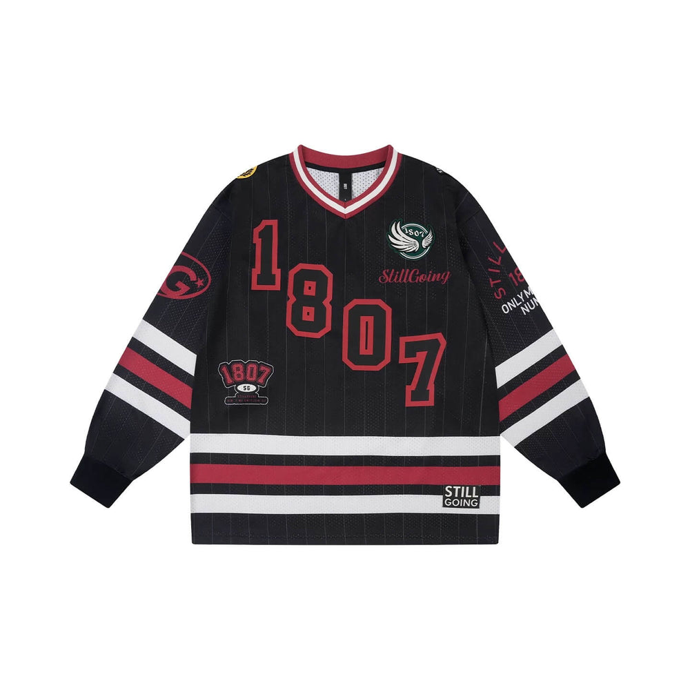 1807 Print Patch V Neck Mesh Long Sleeve Hockey Jersey | Face 3 Face