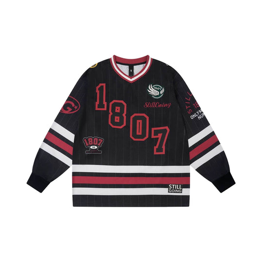 1807 Print Patch V Neck Mesh Long Sleeve Hockey Jersey | Face 3 Face