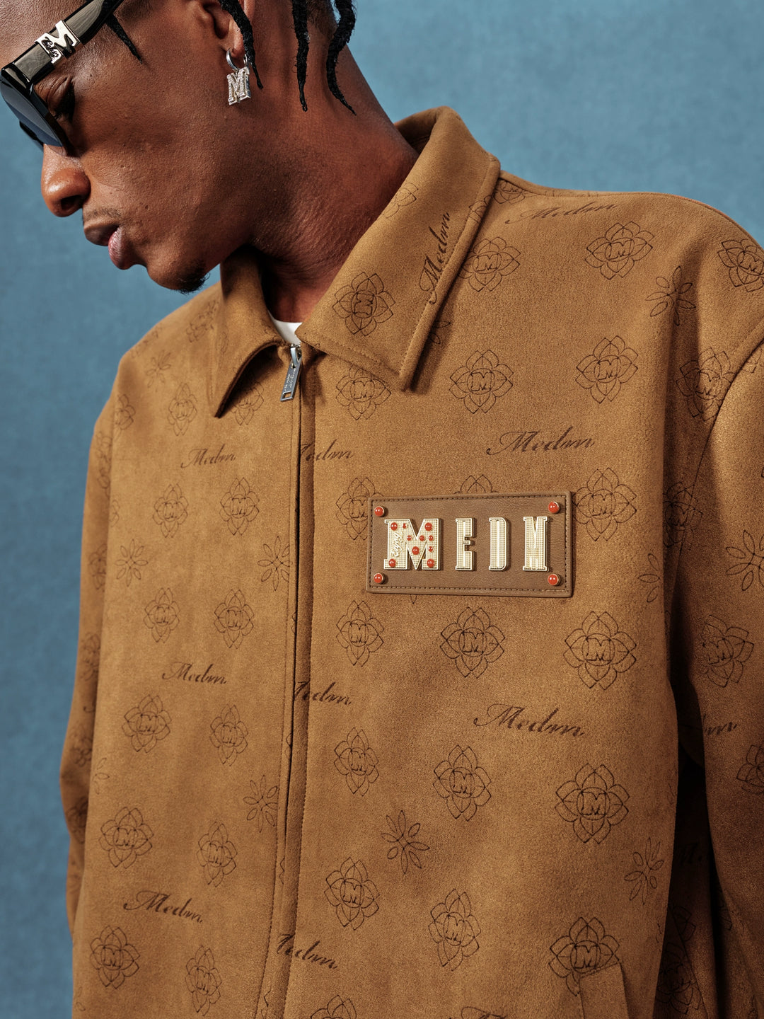 MEDM Leather Logo All-Over Monogram Suede Jacket | Face 3 Face