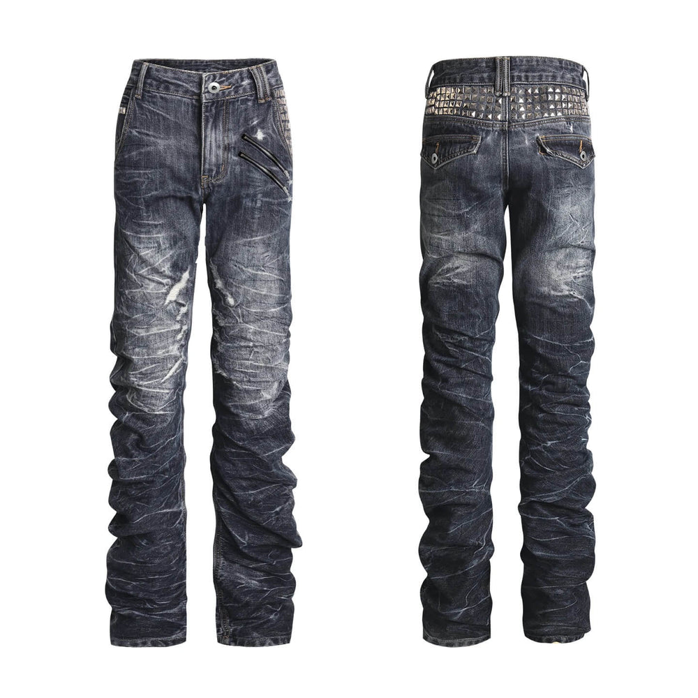 Night Lab Heavily Washed Distressed Multi Rivet Curved Jeans