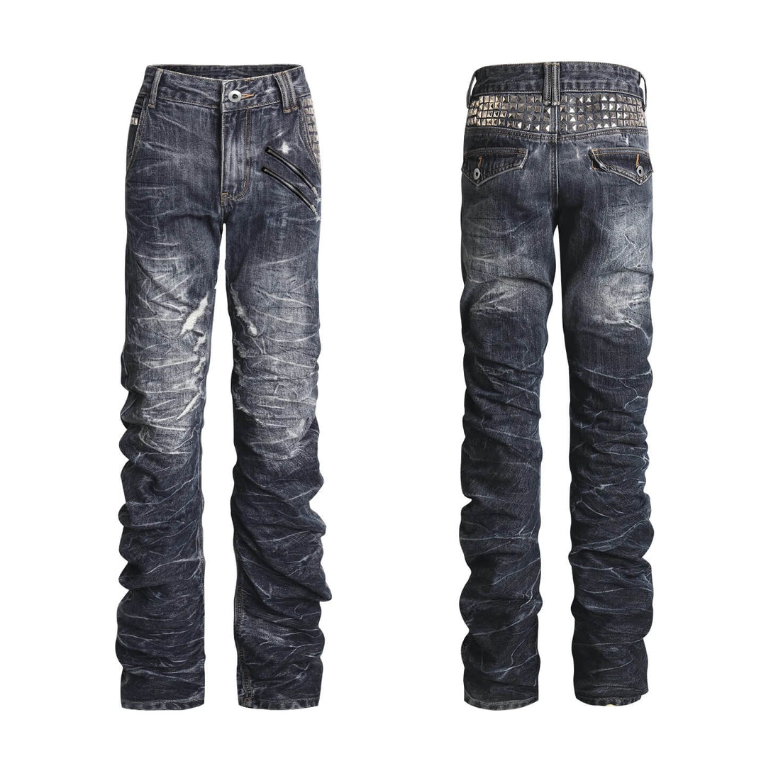 Night Lab Heavily Washed Distressed Multi Rivet Curved Jeans