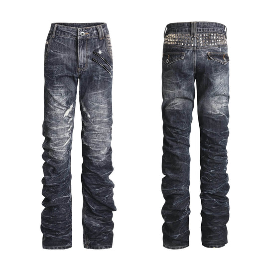 Night Lab Heavily Washed Distressed Multi Rivet Curved Jeans