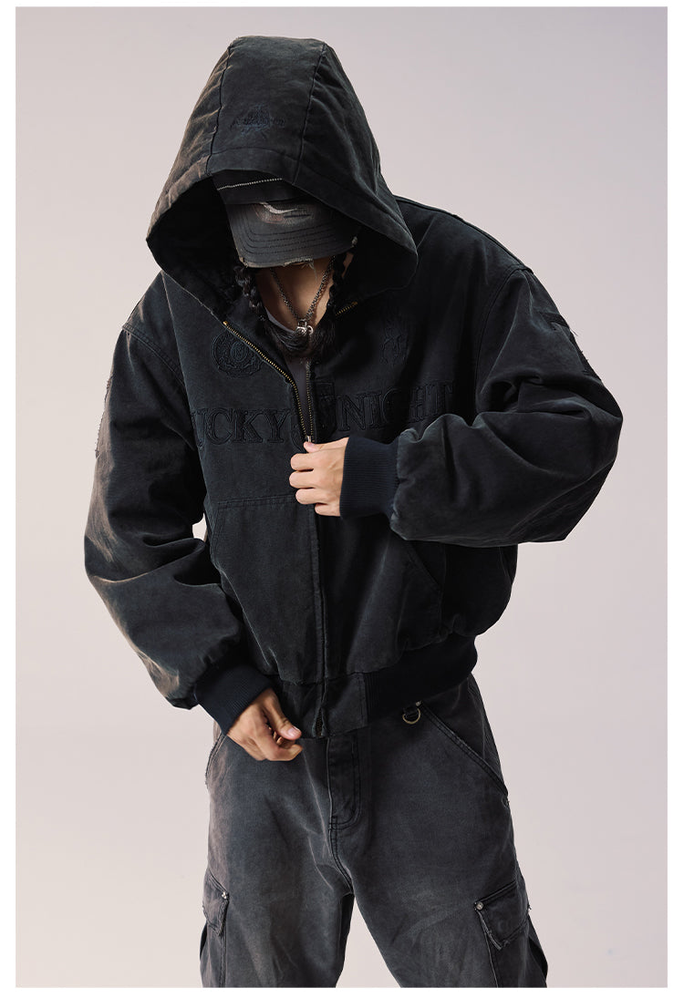 Remedy Embroidered Washed Hooded Bomber Jacket | Face 3 Face