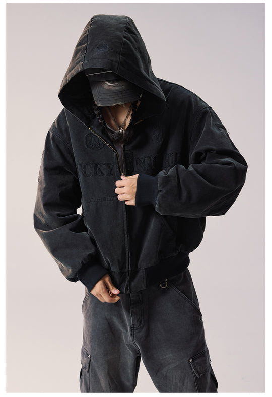 Remedy Embroidered Washed Hooded Bomber Jacket | Face 3 Face