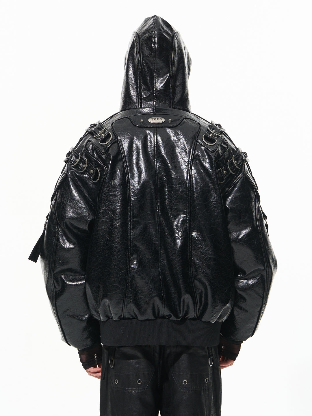 BLIND NO PLAN Metal-Decorated Hooded Leather Bomber Jacket | Face 3 Face