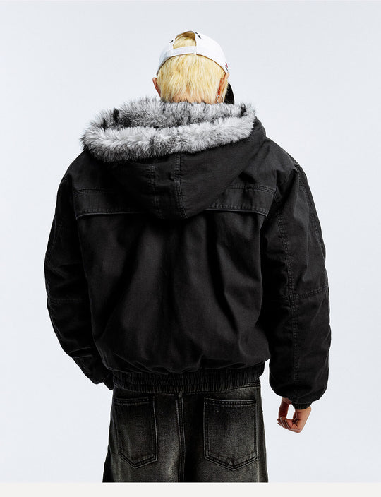 MEDM Fur Lined Washed Work Hooded Jacket | Face 3 Face