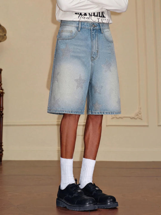 YADcrew All Over Star Rhinestone Washed Denim Shorts | Face 3 Face