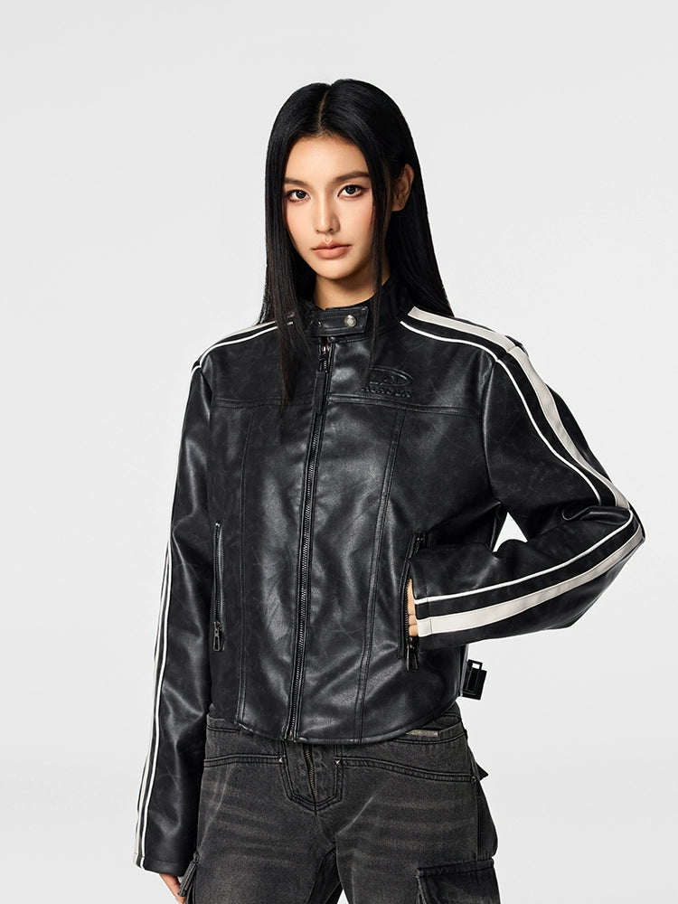 Biker jacket | Achock Girls' Striped Leather Short Motorcycle Jacket | Face 3 Face