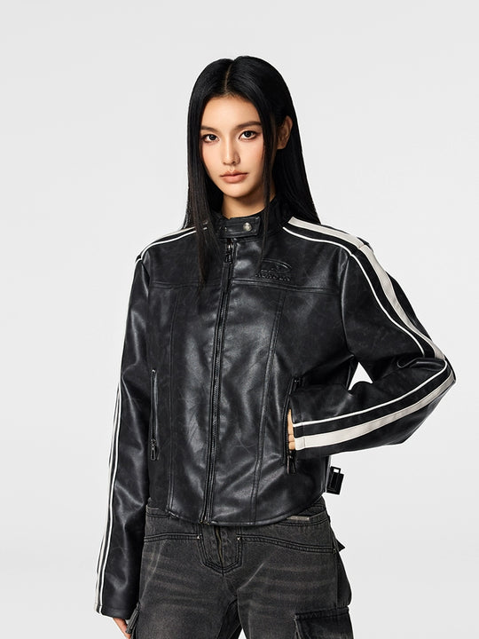 Biker jacket | Achock Girls' Striped Leather Short Motorcycle Jacket | Face 3 Face