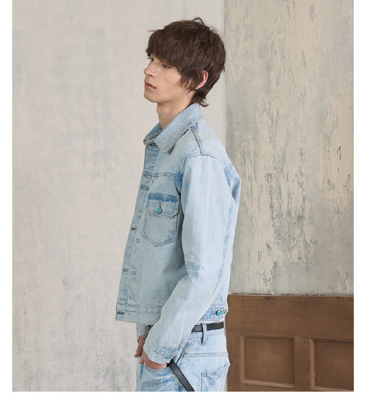 S45 Light Blue Heavy Washed Turquoise Button Denim Jacket | Face 3 Face