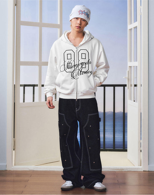 MEDM Lace Number Embroidered Star Print Zip Up Hoodie | Face 3 Face