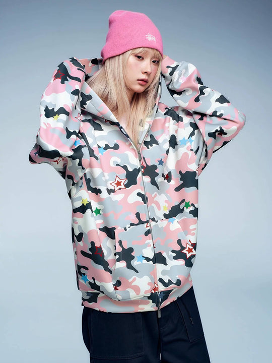 MEDM All Over Colorful Star Camouflage Zip Up Hoodie | Face 3 Face