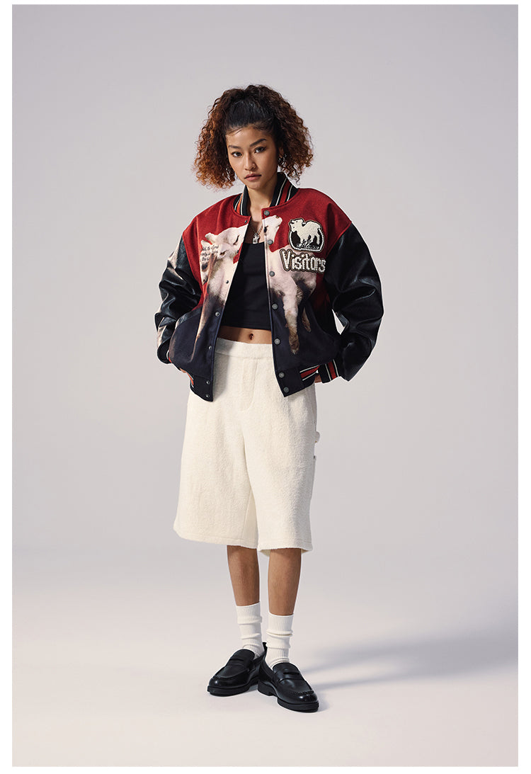 Remedy Sheep Full Print Pearl Embroidered Varsity Jacket | Face 3 Face