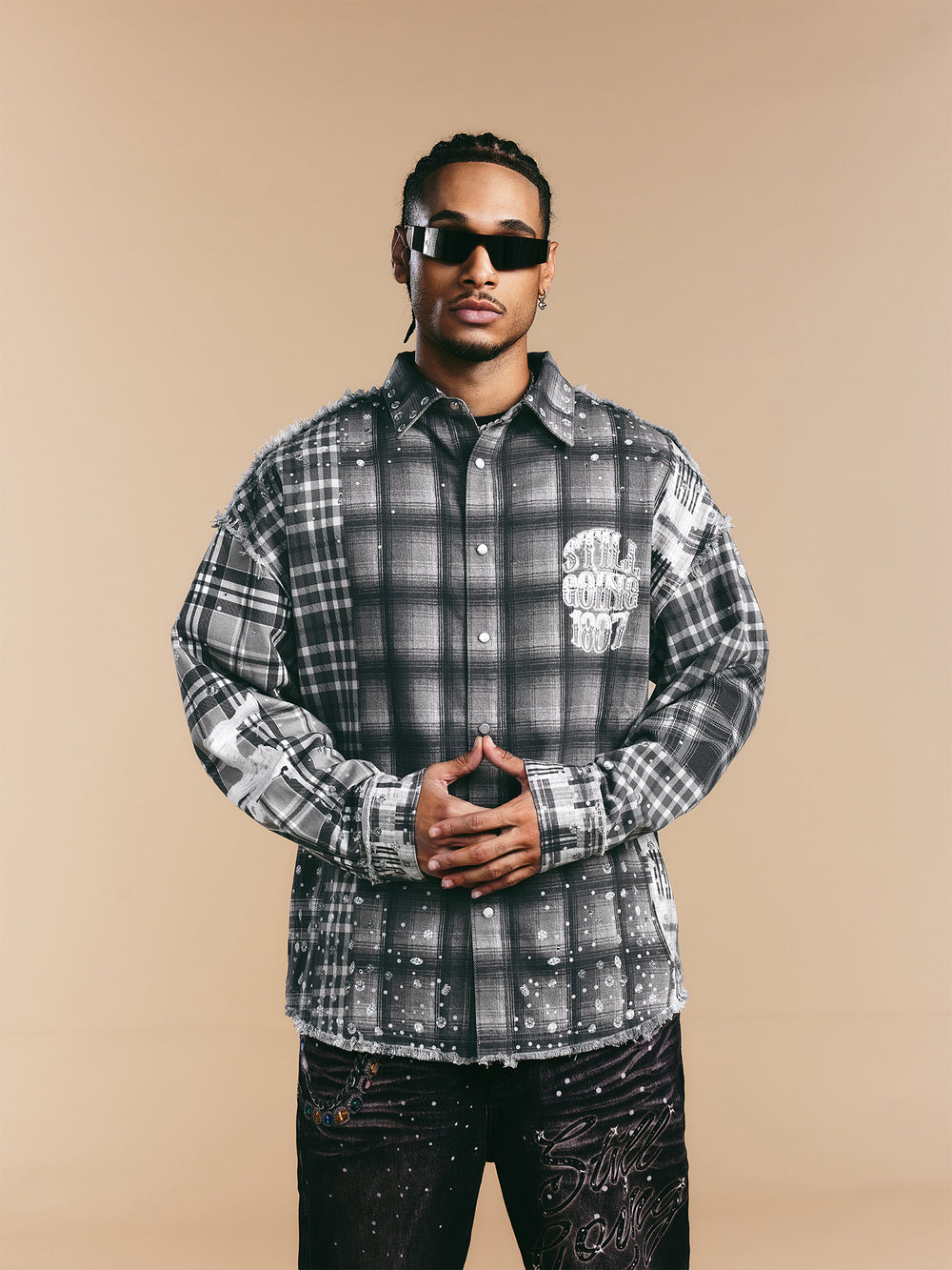 1807 Swarovski Crystal Diamond Plaid Long Sleeve Shirt | Face 3 Face