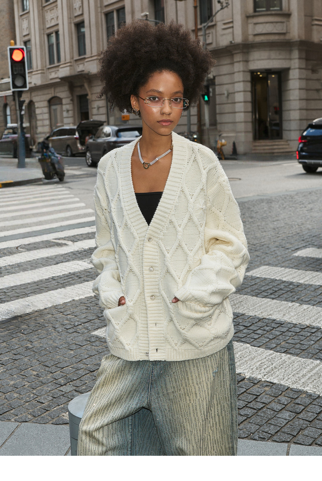 STEEPC Wool Blend Diamond Cable Knit Pearl Cardigan | Face 3 Face