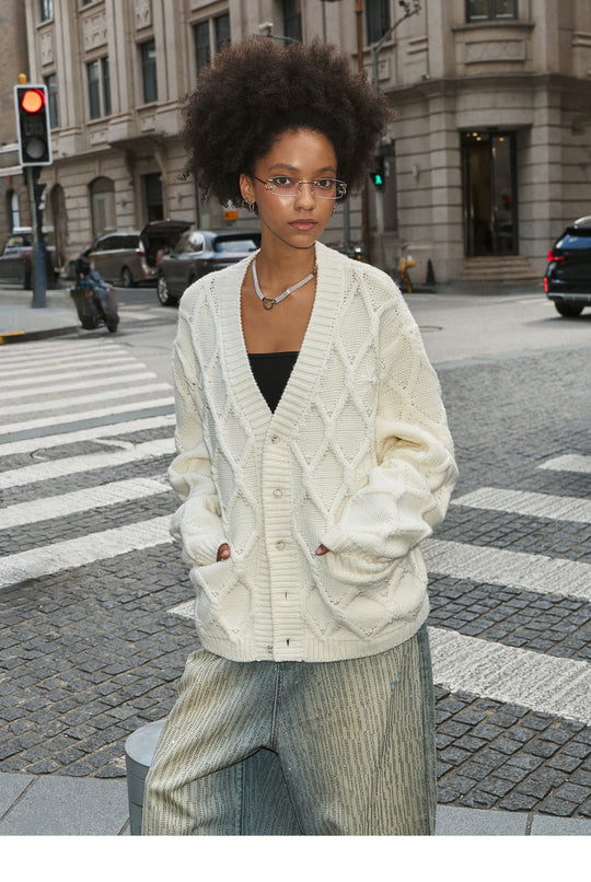 STEEPC Wool Blend Diamond Cable Knit Pearl Cardigan | Face 3 Face