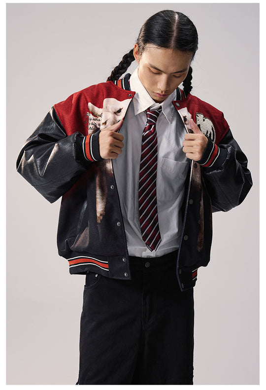 Remedy Sheep Full Print Pearl Embroidered Varsity Jacket | Face 3 Face