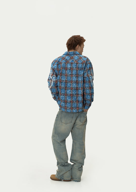 EVILKNIGHT(EK) Floral Embroidered Plaid Long Sleeve Shirt | Face 3 Face