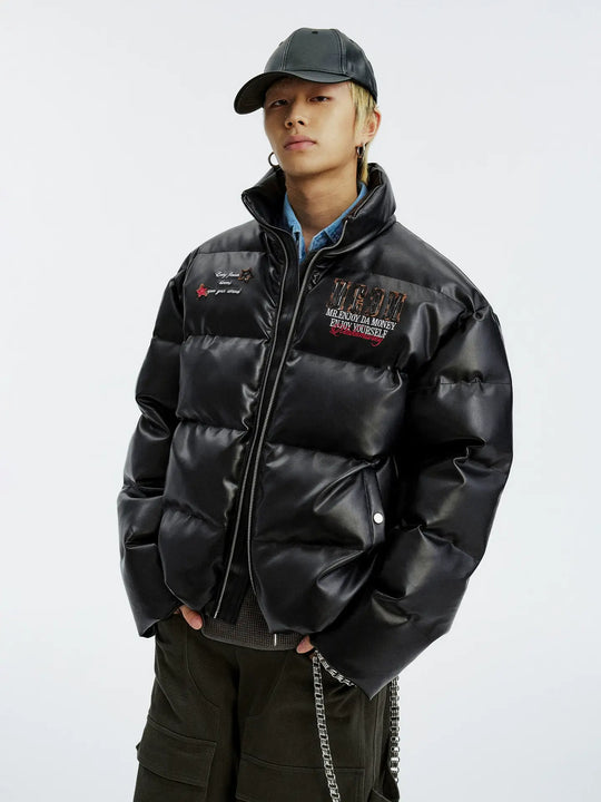 MEDM Leopard Patch PU Leather Puffer Jacket | Face 3 Face