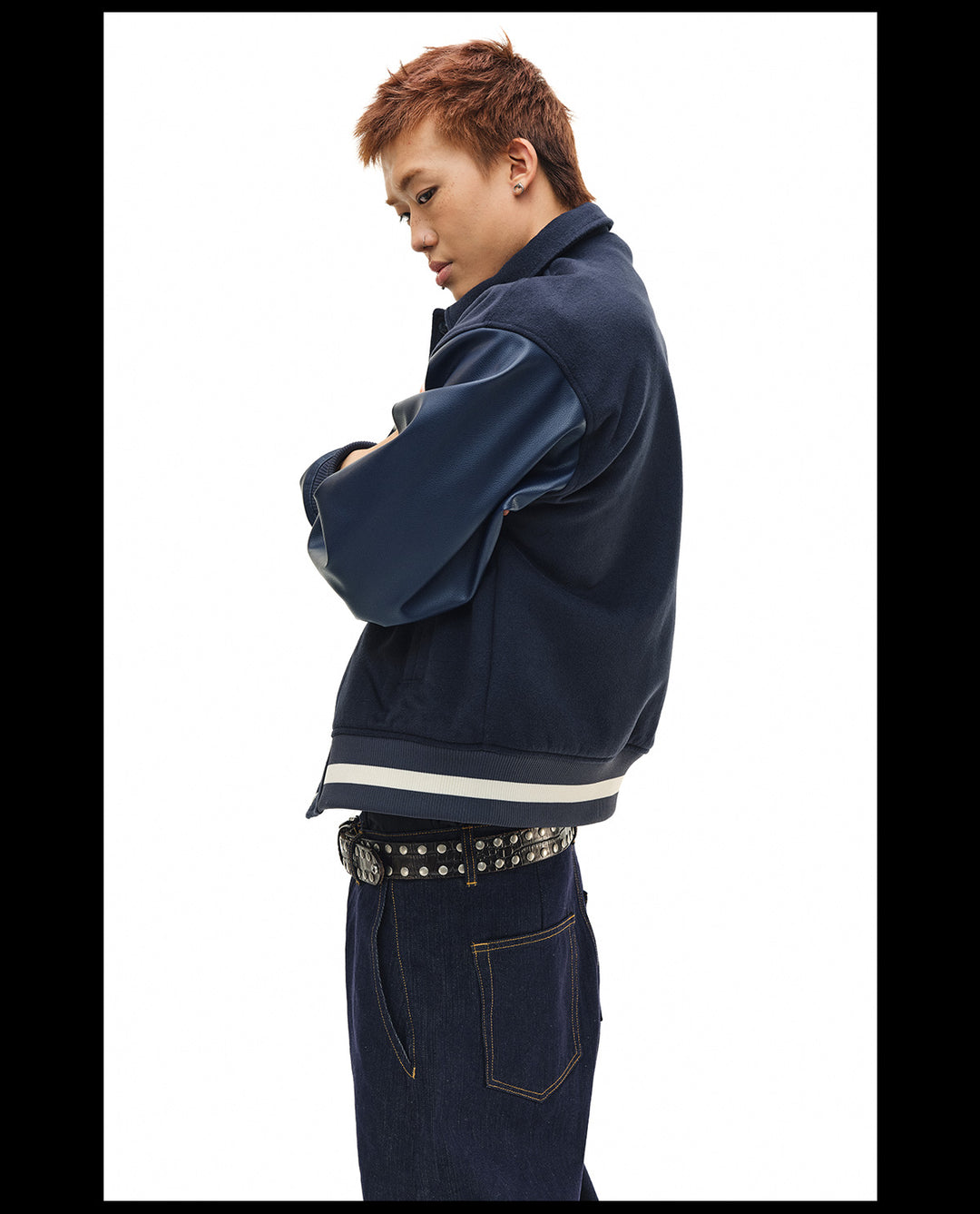 NOVACAM Navy Blue Short Basic Varsity Jacket | Face 3 Face