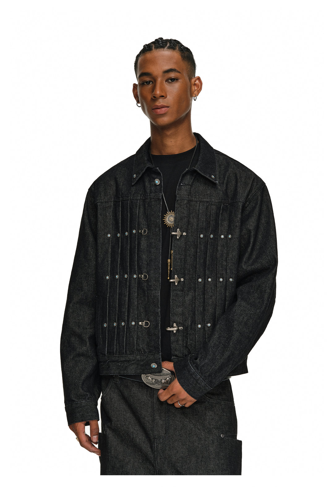 ANTIDOTE Turquoise Studded Pleated Buckle Denim Jacket | Face 3 Face