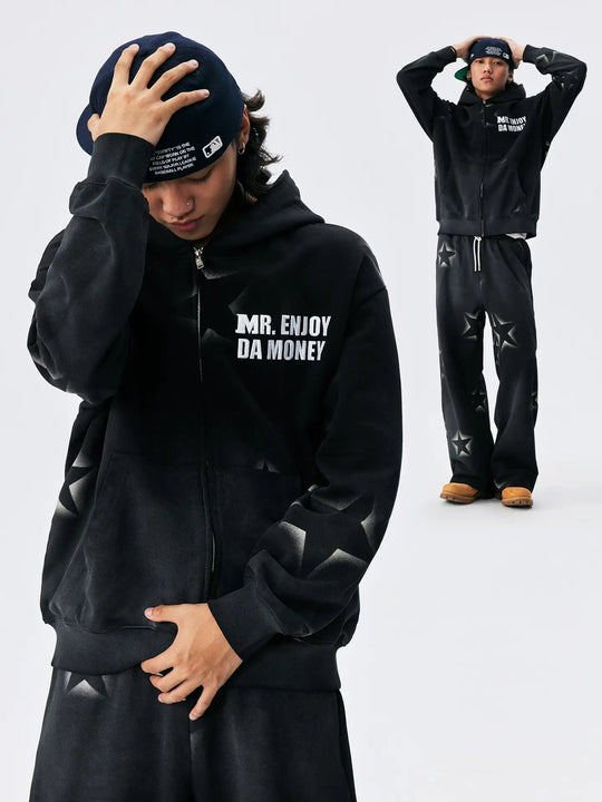 MEDM Washed Star All Over Print Zip Up Hoodie | Face 3 Face