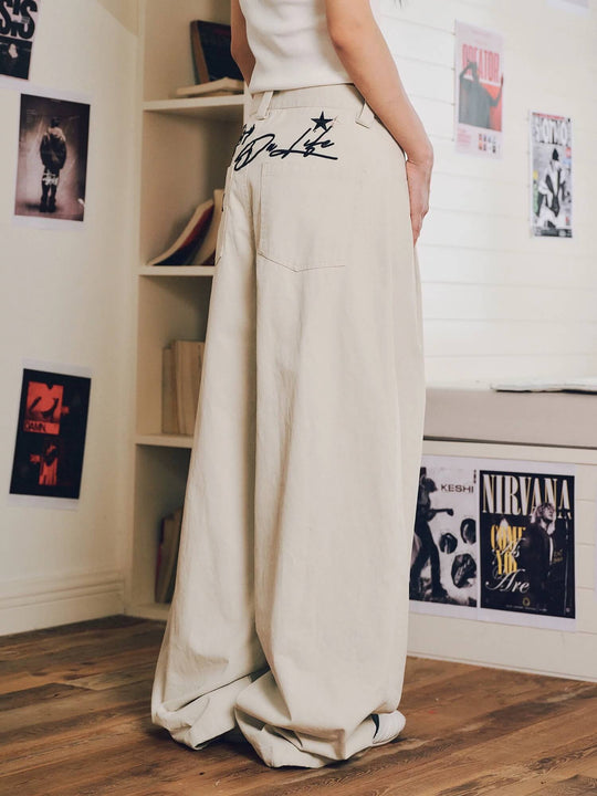 MEDM 3D Star Logo Embroidered Pleat Curved Baggy Pants | Face 3 Face