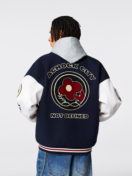 Racer varsity jacket | Achock Flower Logo Embroidery Varsity Jacket | Face 3 Face