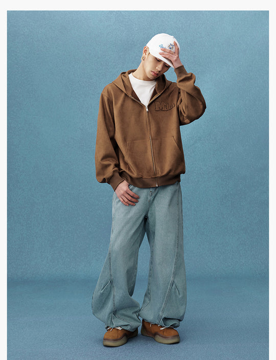 MEDM Suede Logo Patch Zip-Up Hoodie | Face 3 Face