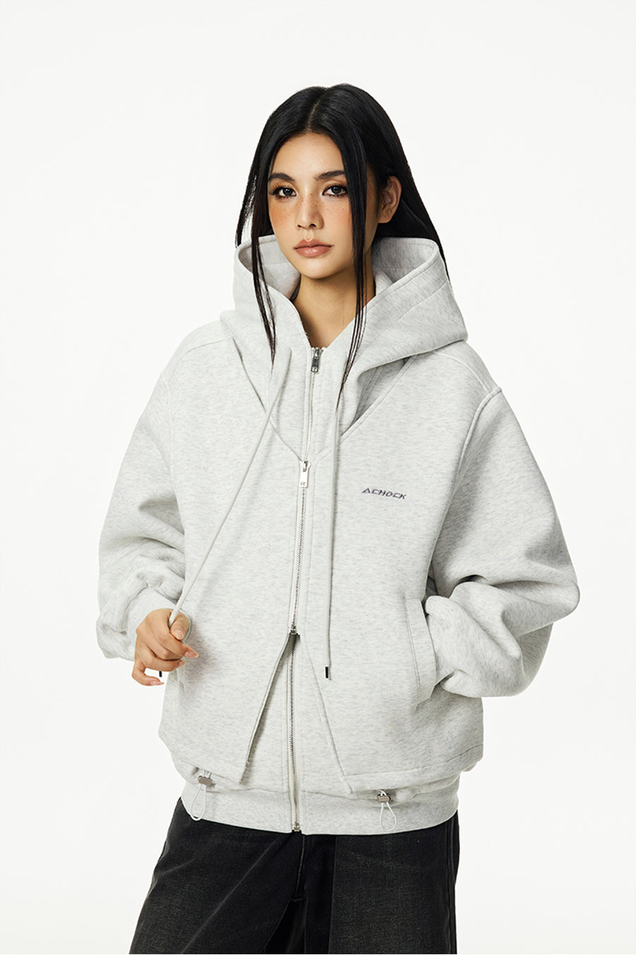 Achock Layered Double Zip Hooded Sweatshirt Jacket | Face 3 Face