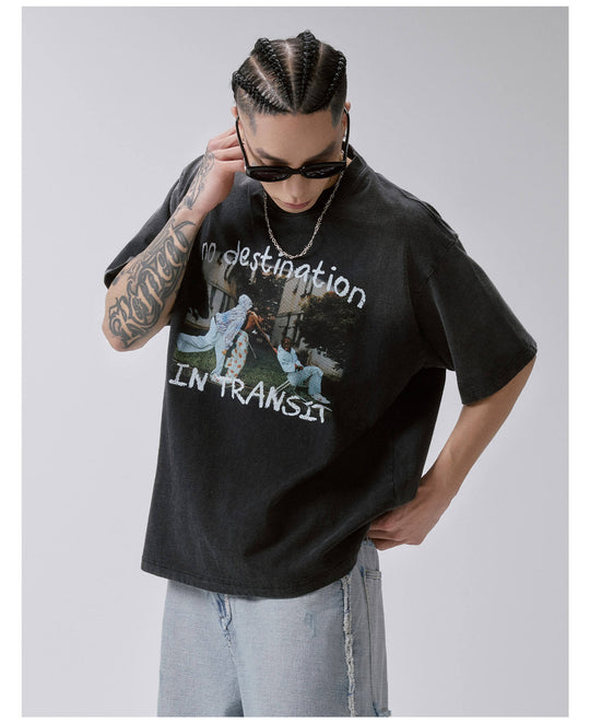 F2CE Vintage Photo Print Washed Distressed Short Sleeve Tee | Face 3 Face