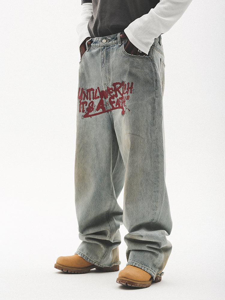 UNTILWERICH Dirty Wash Graffiti Print Jeans | Face 3 Face