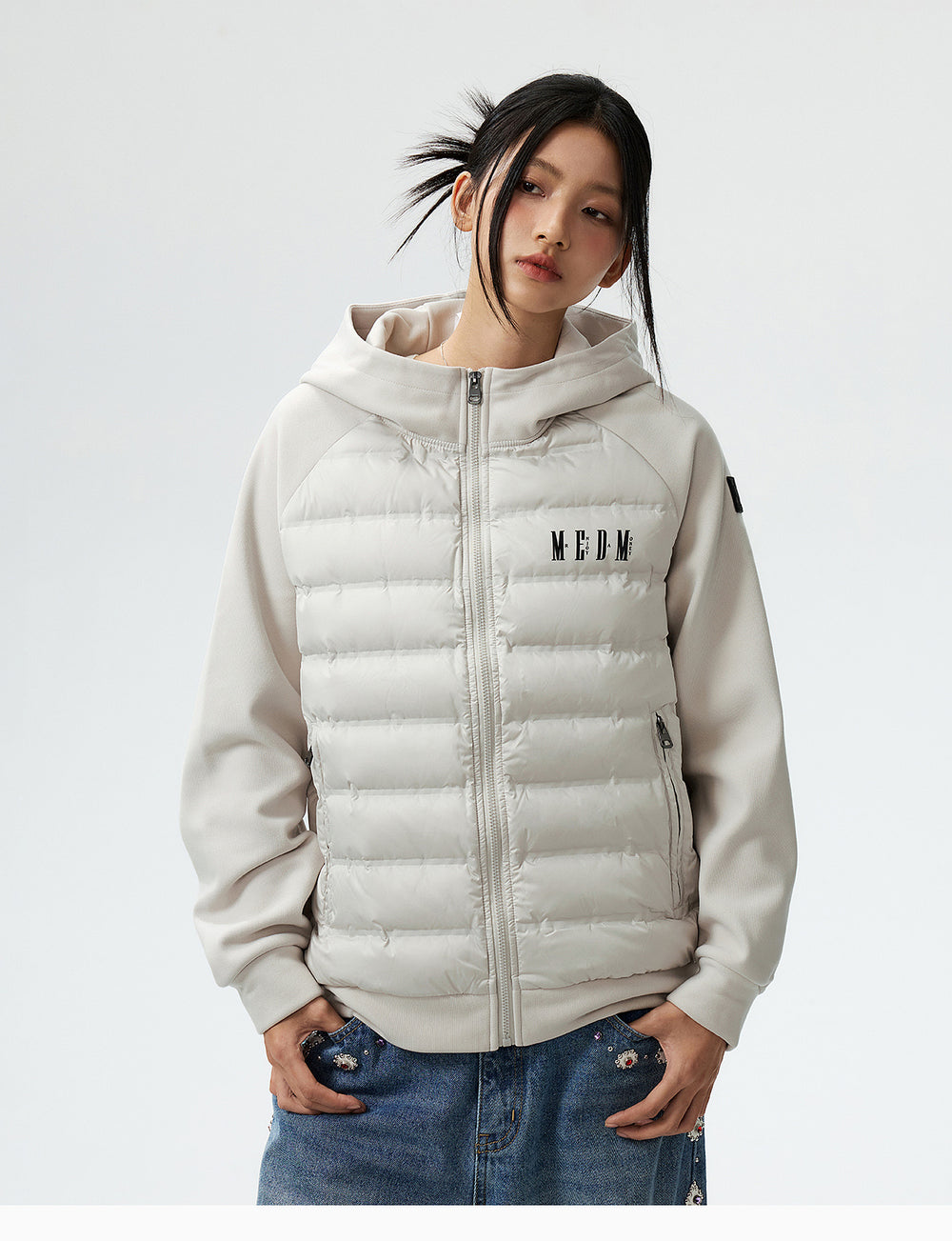 MEDM Patchwork Raglan Sleeve Lightweight Hooded Down Jacket | Face 3 Face
