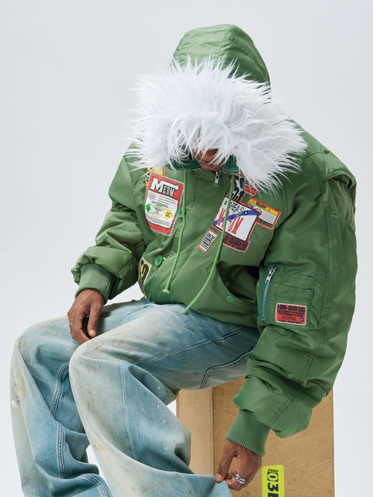 MEDM License Plate Patch Fur-Hooded MA-1 Bomber Jacket | Face 3 Face