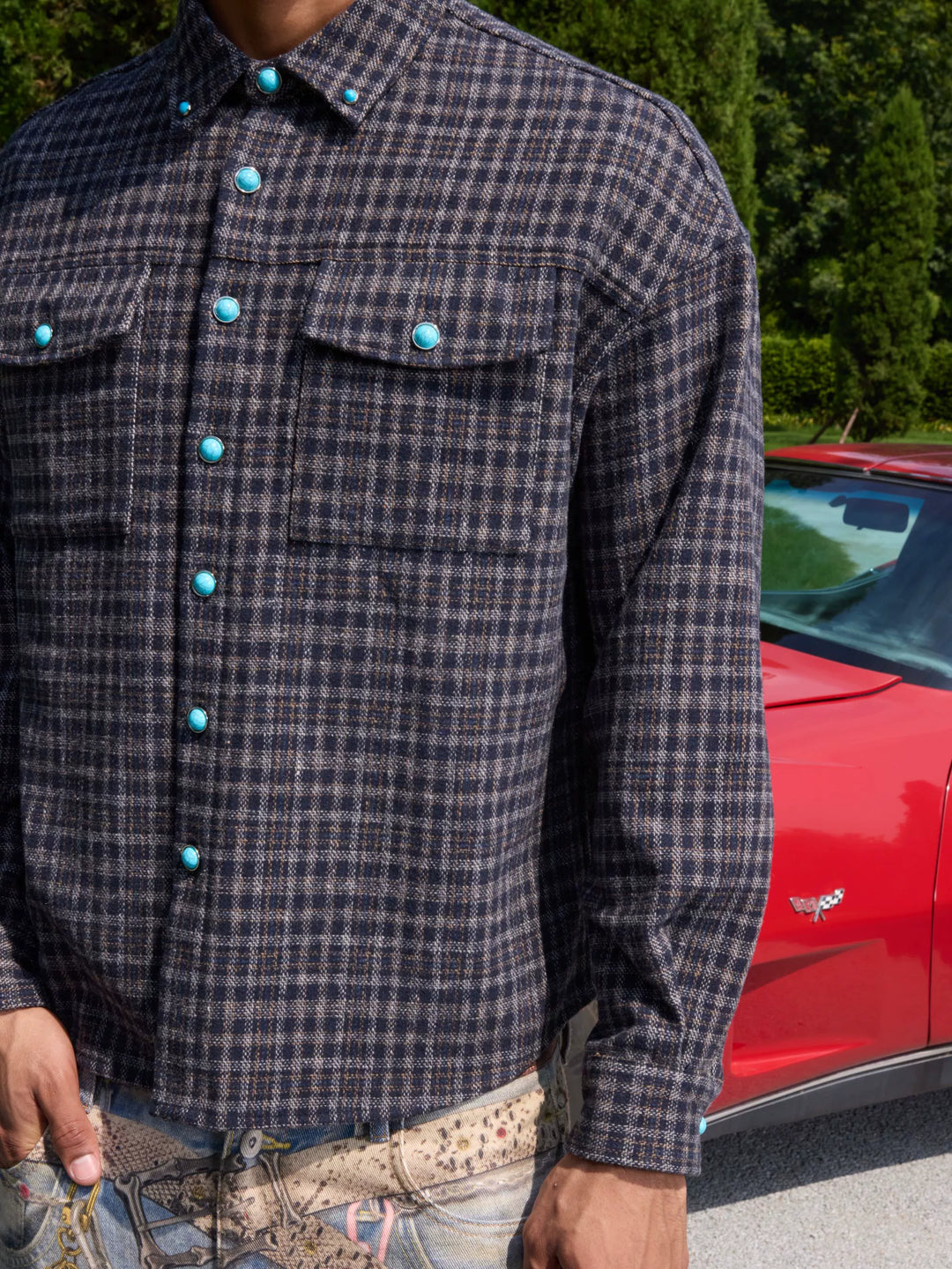 S45 Turquoise Button Plaid Long Sleeve Shirt | Face 3 Face