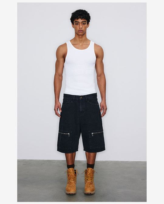 NOVACAM Washed Denim Zip Pocket Work Baggy Shorts | Face 3 Face
