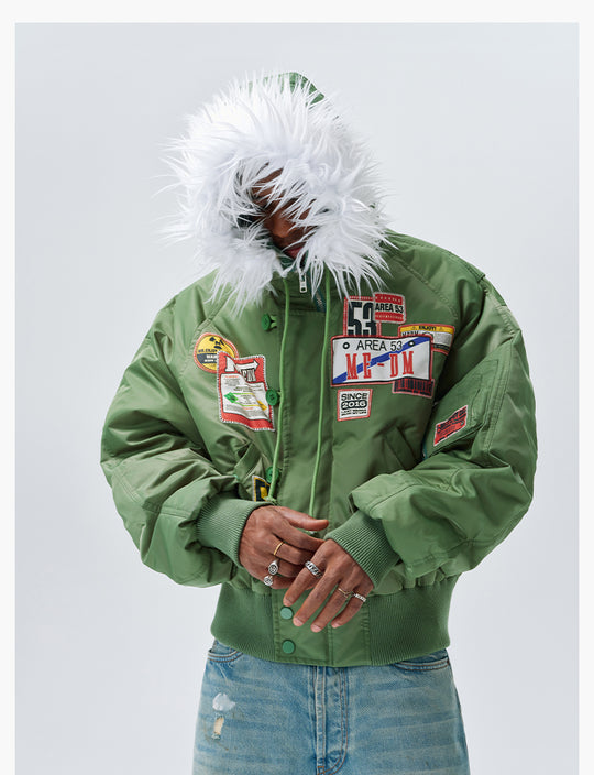 MEDM License Plate Patch Fur-Hooded MA-1 Bomber Jacket | Face 3 Face