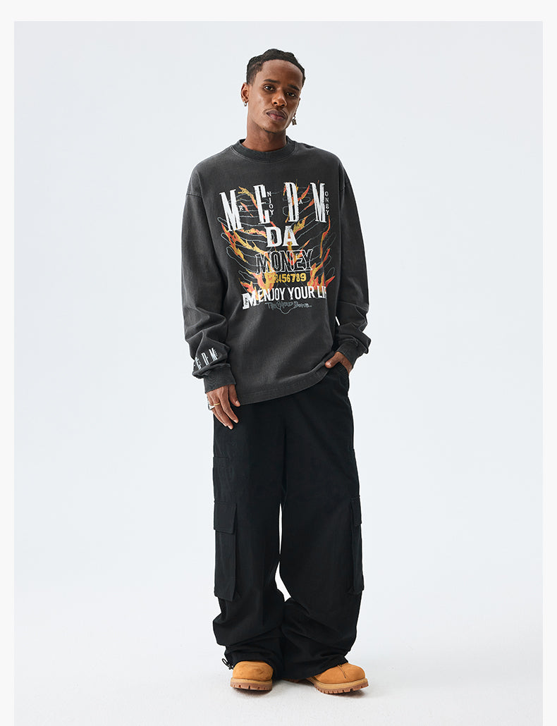 MEDM Flame Bones Graphic Washed Long Sleeve Tee | Face 3 Face