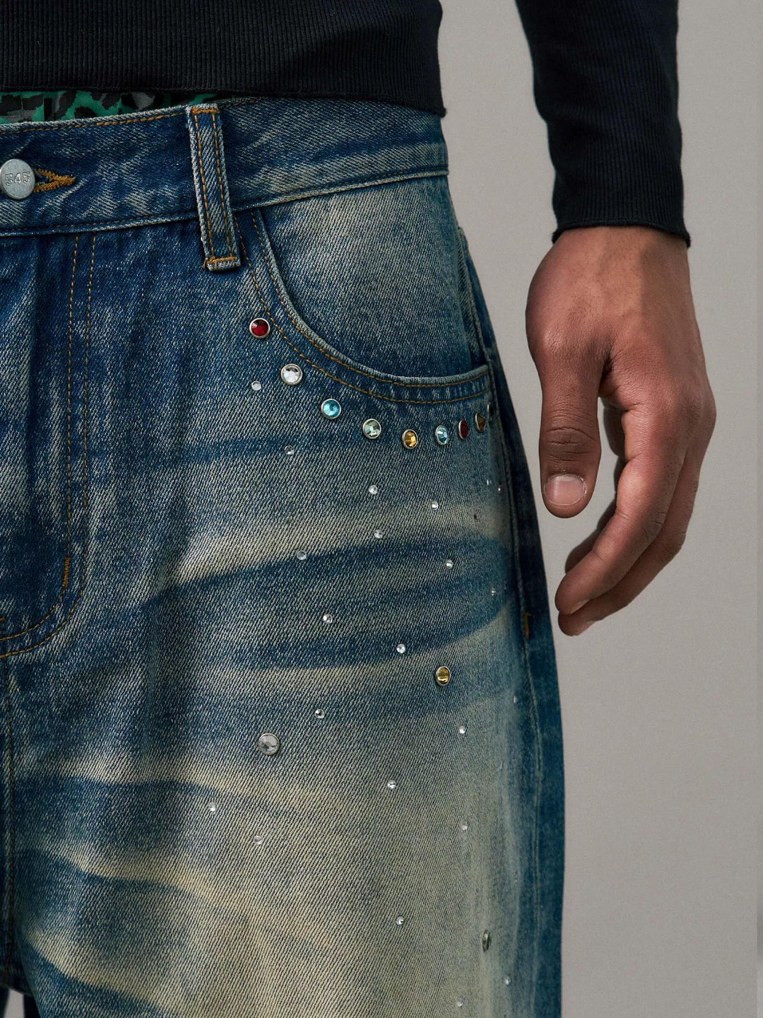 S45 Gemstone and Rhinestone Studded Washed Jeans | Face 3 Face
