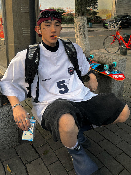 Aurocean Dirty Dye Aged Vintage Patch Embroidered Soccer Jersey Tee | Face 3 Face