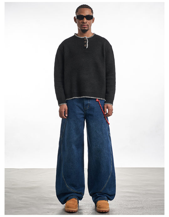 F3F Select White Stitching Henley Neck Knit Sweater | Face 3 Face