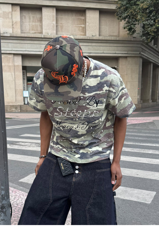 STEEPC Aged Forest Camo Pearl Embellished Print Tee | Face 3 Face