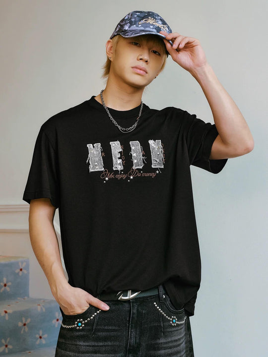 MEDM Distressed Denim Logo Patch Studded Short Sleeve Tee | Face 3 Face