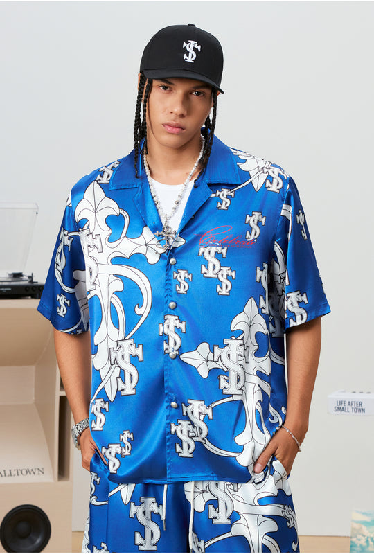 Small Town Kid Monogram Cross Logo Satin Cuban Shirt Set | Face 3 Face