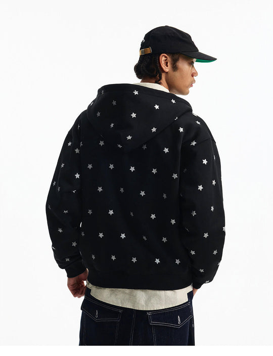 MEDM All Over Glitter Star Print Logo Patch Zip Up Hoodie | Face 3 Face