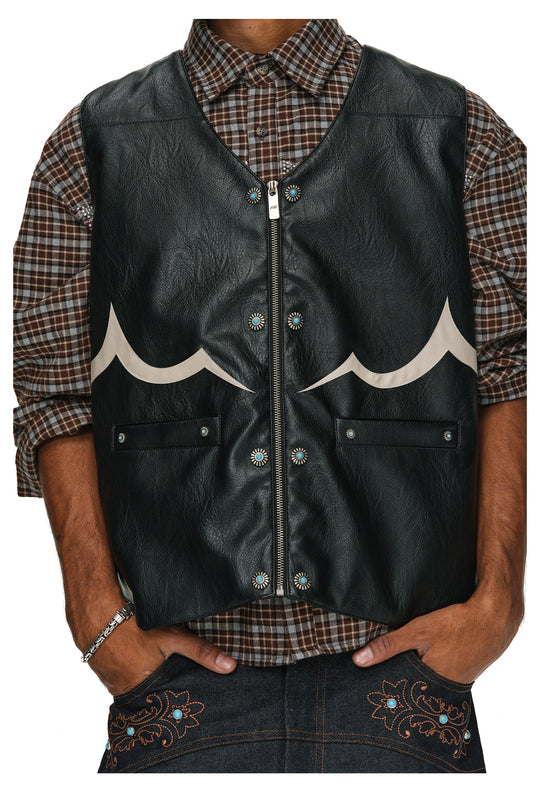 ANTIDOTE Turquoise Studded Western PU Leather Biker Vest | Face 3 Face