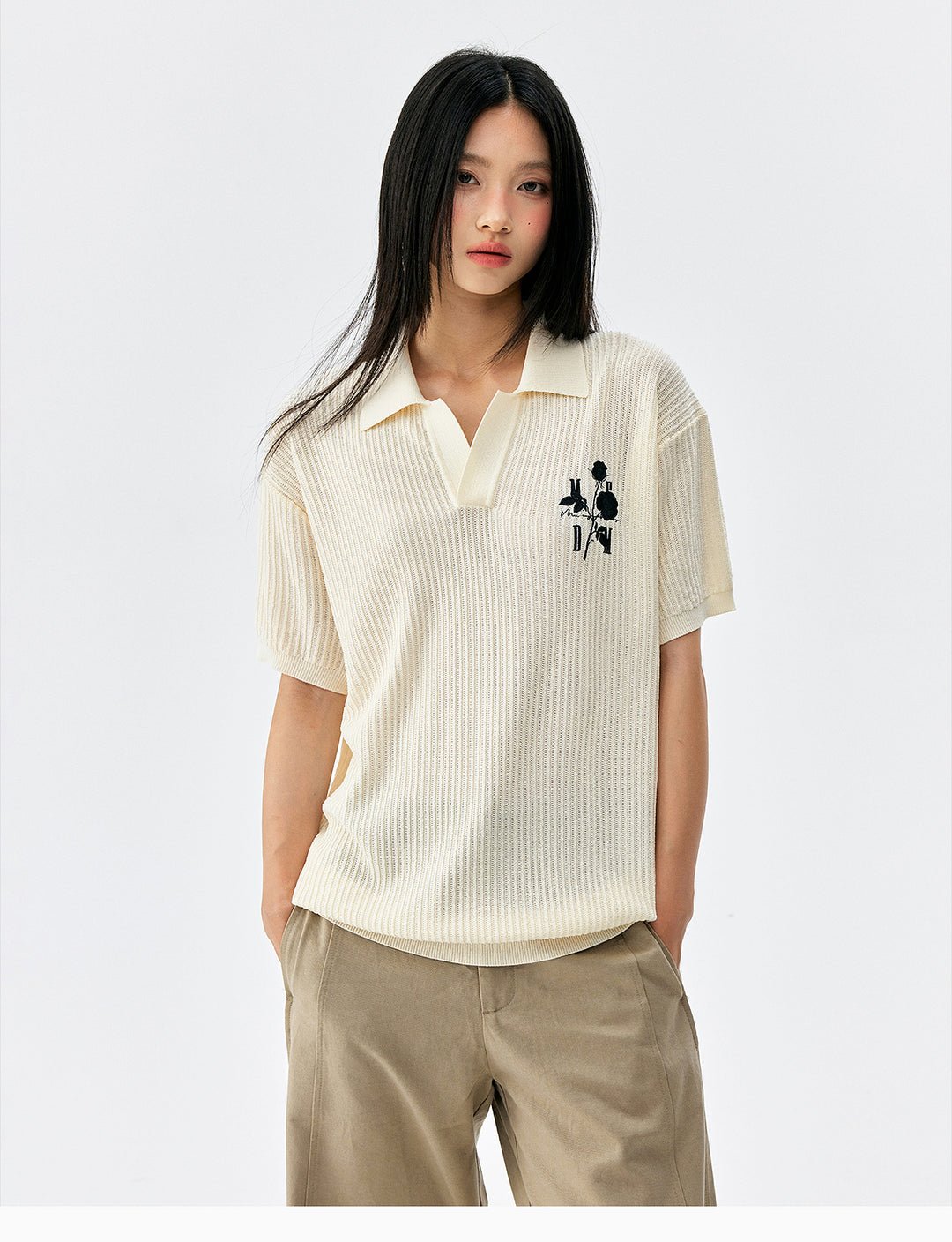 MEDM Rose Embroidered Textured Stripe Knit Polo | Face 3 Face