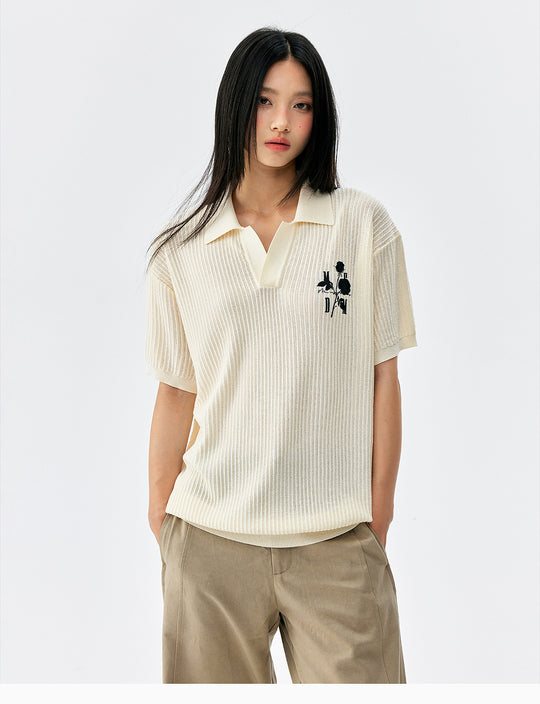 MEDM Rose Embroidered Textured Stripe Knit Polo | Face 3 Face