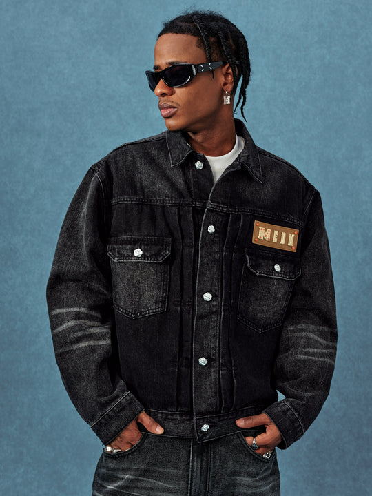 MEDM Leather Logo Washed 2nd-Type Denim Jacket | Face 3 Face